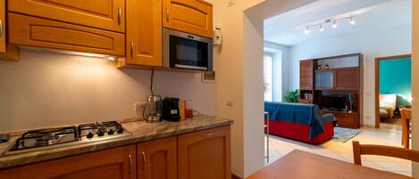 Appartement, uitzicht op meer | Privékeuken | Een koelkast, een microgolfoven, een oven, een kookplaat