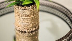 Una cesta tejida con plantas verdes sobre un espejo redondo con un borde decorativo.