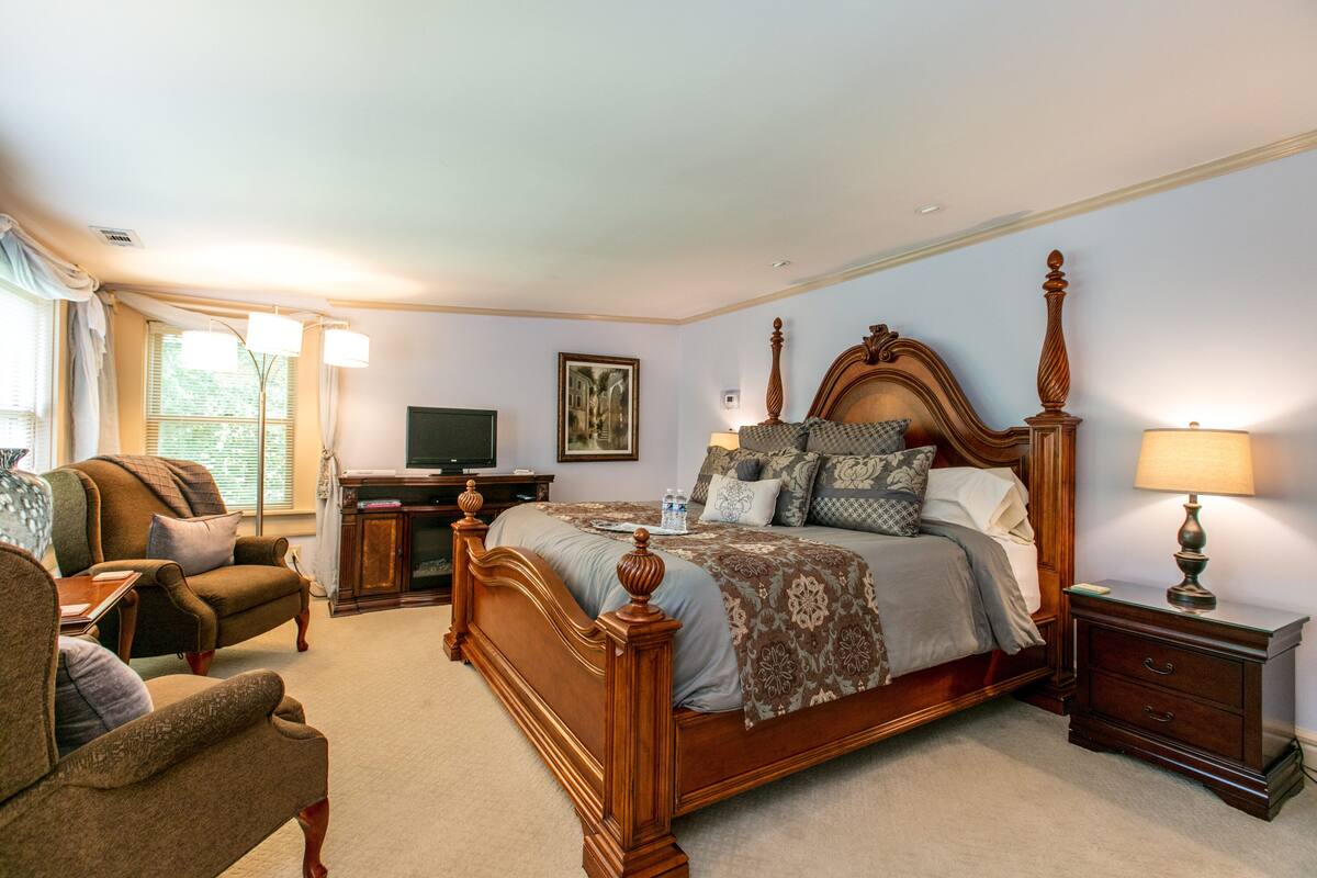 Een slaapkamer met een groot bed, een houten hoofdbord, een nachtkastje, een stoel, een televisie en een ingelijst schilderij aan de muur.
