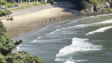 A bridge over a river with a beach and forested area in the background.