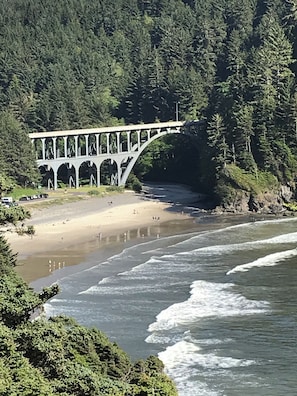A bridge over a river with a beach and forested area in the background.