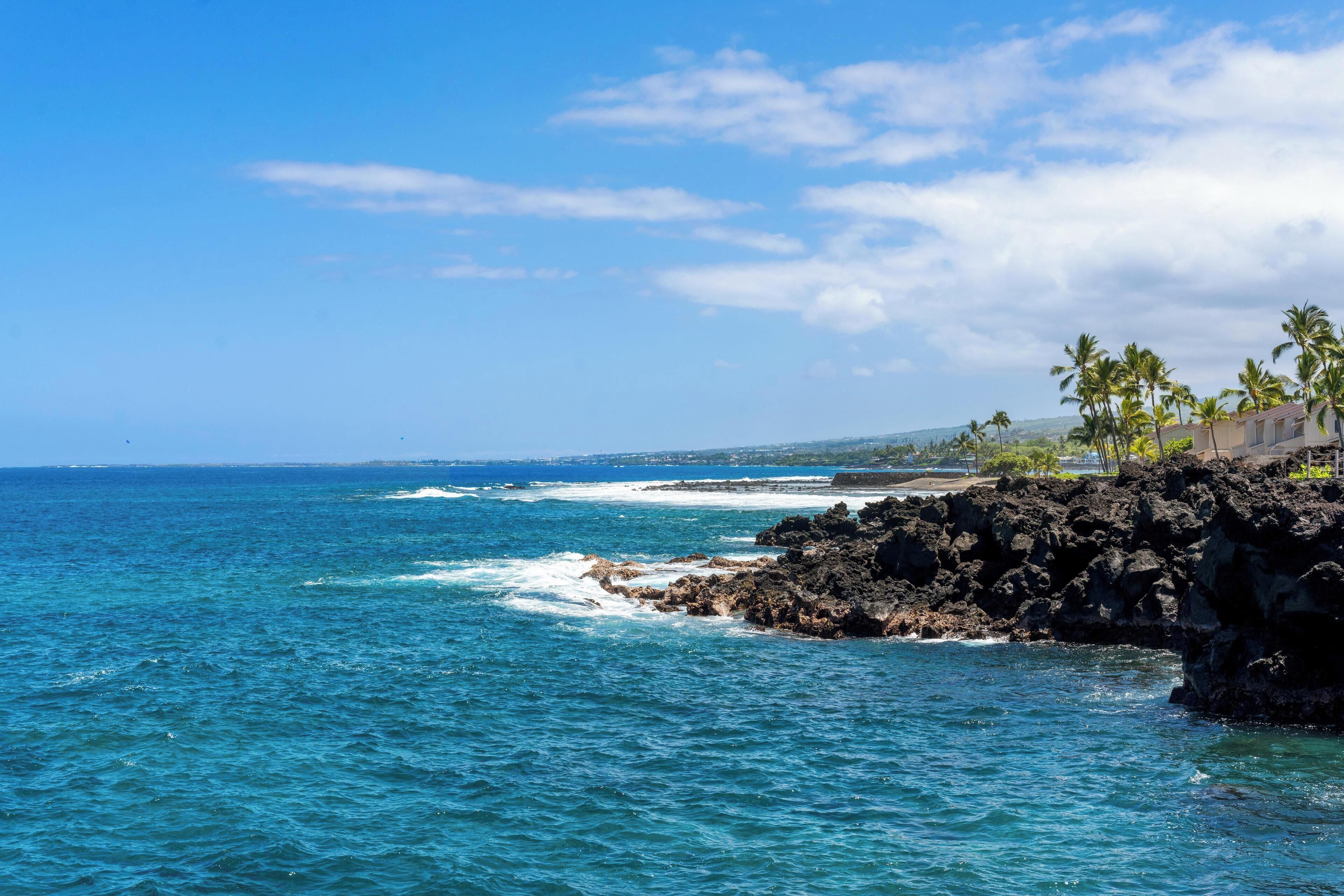 A coastal view with clear blue waters, rocky shoreline, and a few buildings with palm trees.