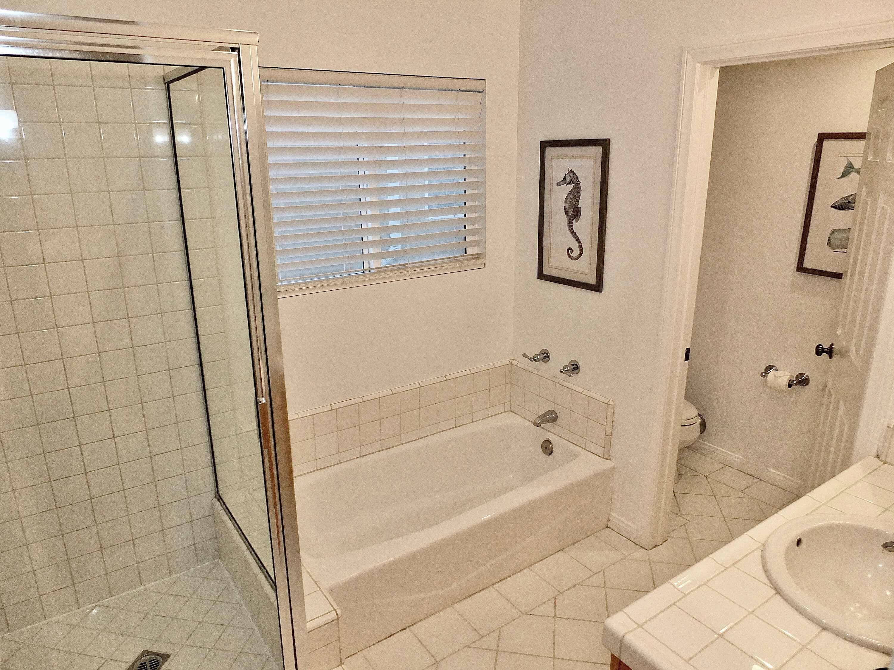 Un bagno con box doccia in vetro, una vasca, un lavandino e un water.