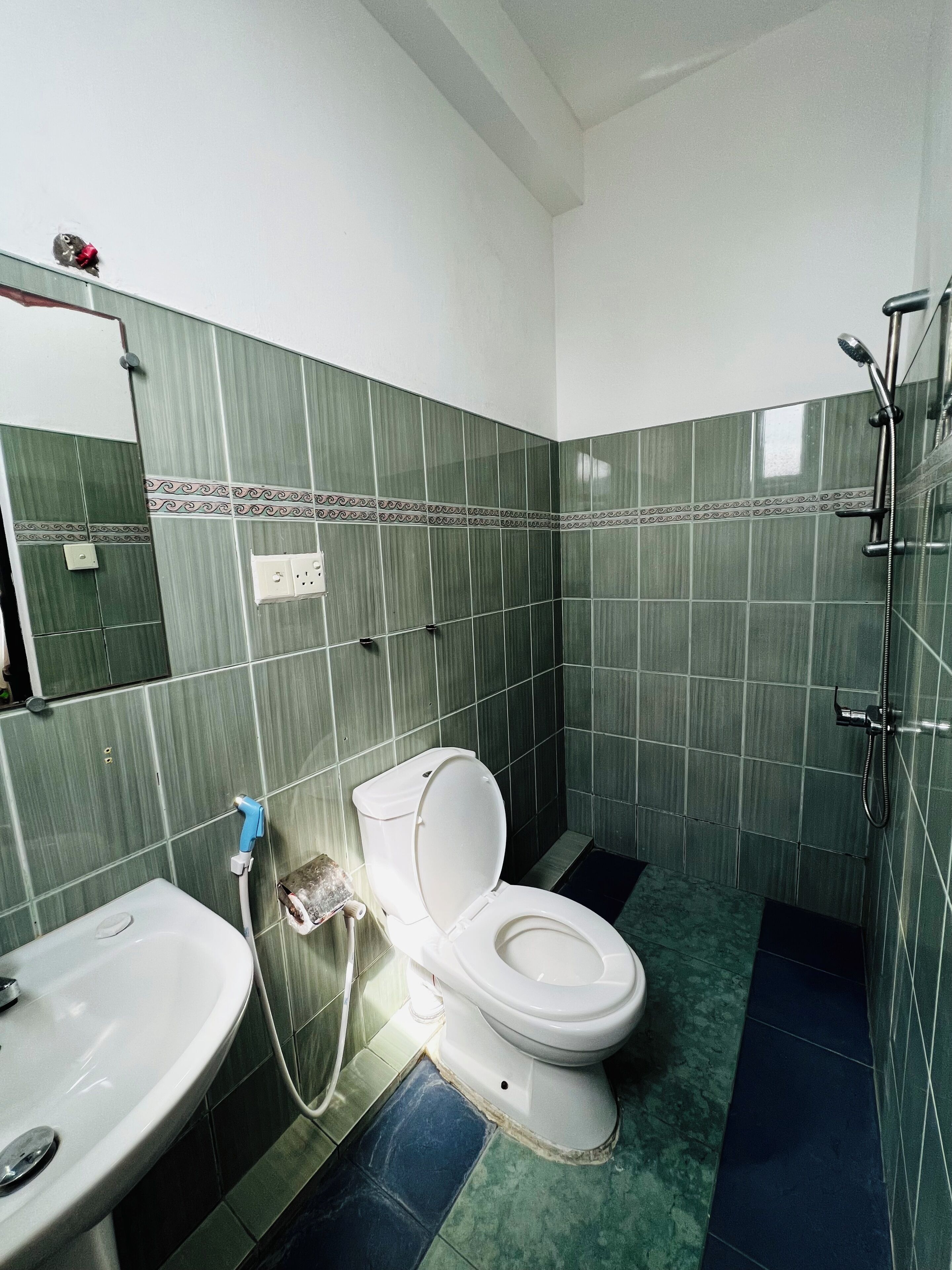 A bathroom with a toilet, sink, and shower.