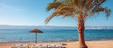 On the beach, sun-loungers