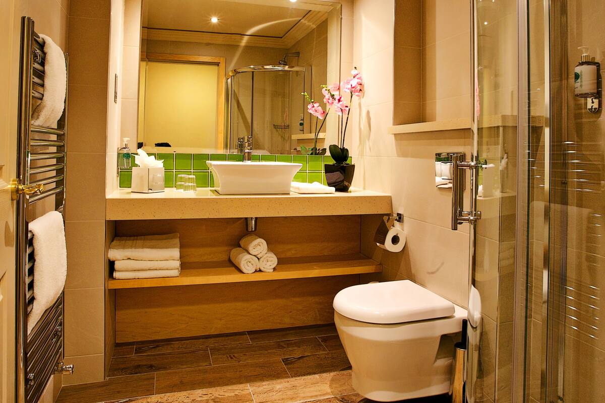 A modern bathroom with a glass-enclosed shower, a white sink, and a toilet.
