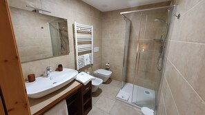 Shower, hair dryer, bidet, towels