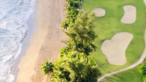 Een kustgolfbaan met een zandstrand en palmbomen.