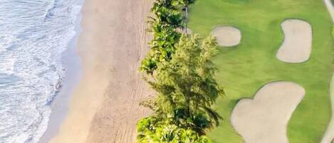 A coastal golf course with a sandy beach and palm trees.