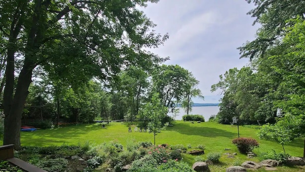A well-maintained garden with a variety of plants and a seating area.
