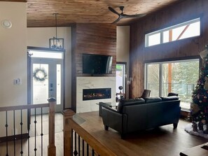 TV, fireplace, DVD player, books