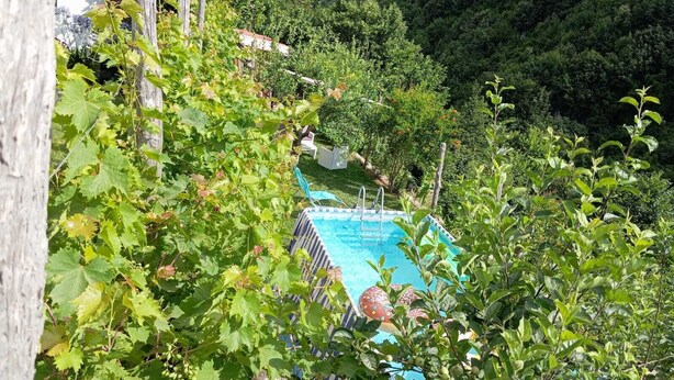 Ein Poolbereich mit Blick auf eine gebirgige Landschaft, umgeben von üppiger Vegetation und einem weißen Gebäude.