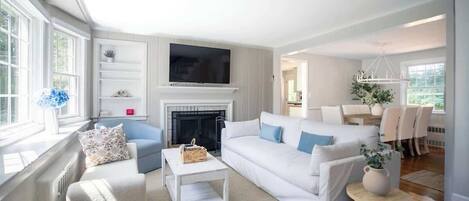 Televisie, een open haard en boeken