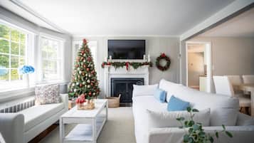 Una televisión, una chimenea, libros