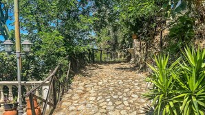A stone pathway leading uphill, flanked by potted plants and a wooden fence. - Hssoverato - Camera Matrimoniale (Soverato)