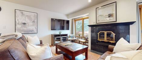 TV, fireplace, books