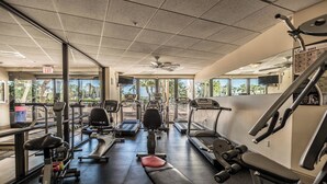 A gym with various exercise equipment, large windows, and a view of palm trees. - Escape to paradise at our beachfront condo at the Gulfview. (Marco Island)