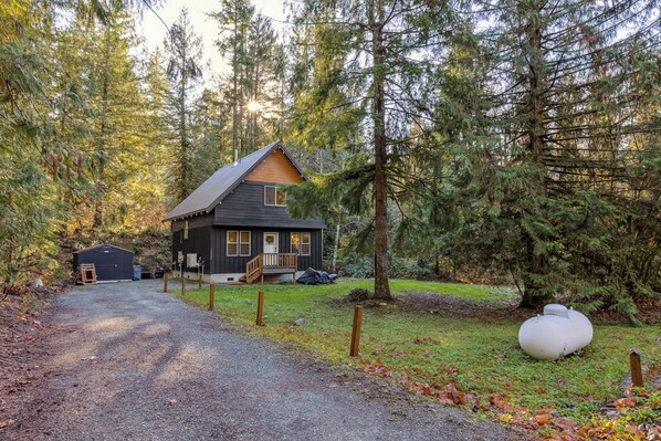 A cabin with a wooden deck and a gravel driveway leading to it, surrounded by dense forest.