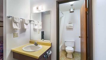 Hair dryer, towels, soap, toilet paper