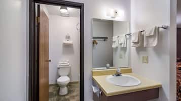 Hair dryer, towels, soap, toilet paper