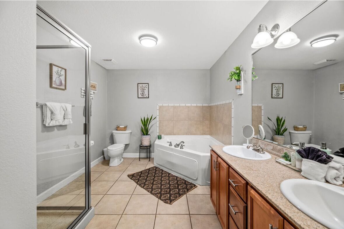 Bañera de hidromasaje, secador de pelo, toallas, papel higiénico