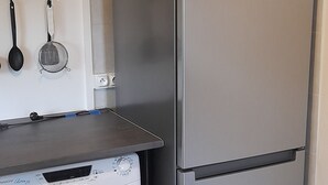 A compact kitchen with a stainless steel refrigerator and a front-loading washing machine.