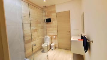 Hair dryer, towels, soap, toilet paper