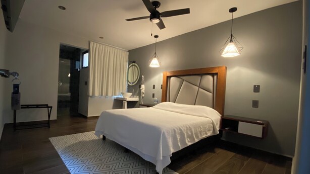 A modern hotel room with a large bed, a ceiling fan, a bedside table, a nightstand, a mirror, a bathroom with a sink and a toilet, and a patterned rug.