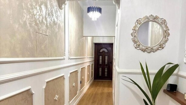 A hallway with wooden flooring, white walls with decorative moldings, a large mirror, and a potted plant. - Old arhitectura center Bucharest Universitate  (București)