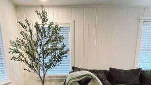 Een woonkamer met een donkergroene bank, een potplant en houten vloeren.