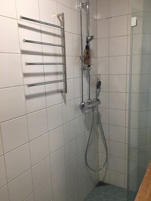 Hair dryer, towels, soap, toilet paper