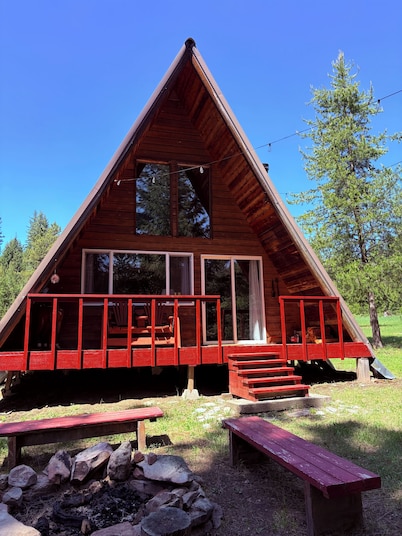A-frame cabin tucked in the woods with complete privacy in the mountains.