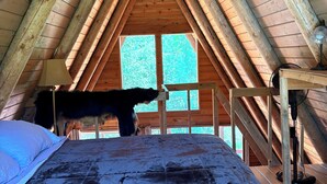 A wooden attic bedroom with a bed, a ceiling fan, and a window. - A-frame cabin tucked in the woods with complete privacy in the mountains.   (De Borgia)