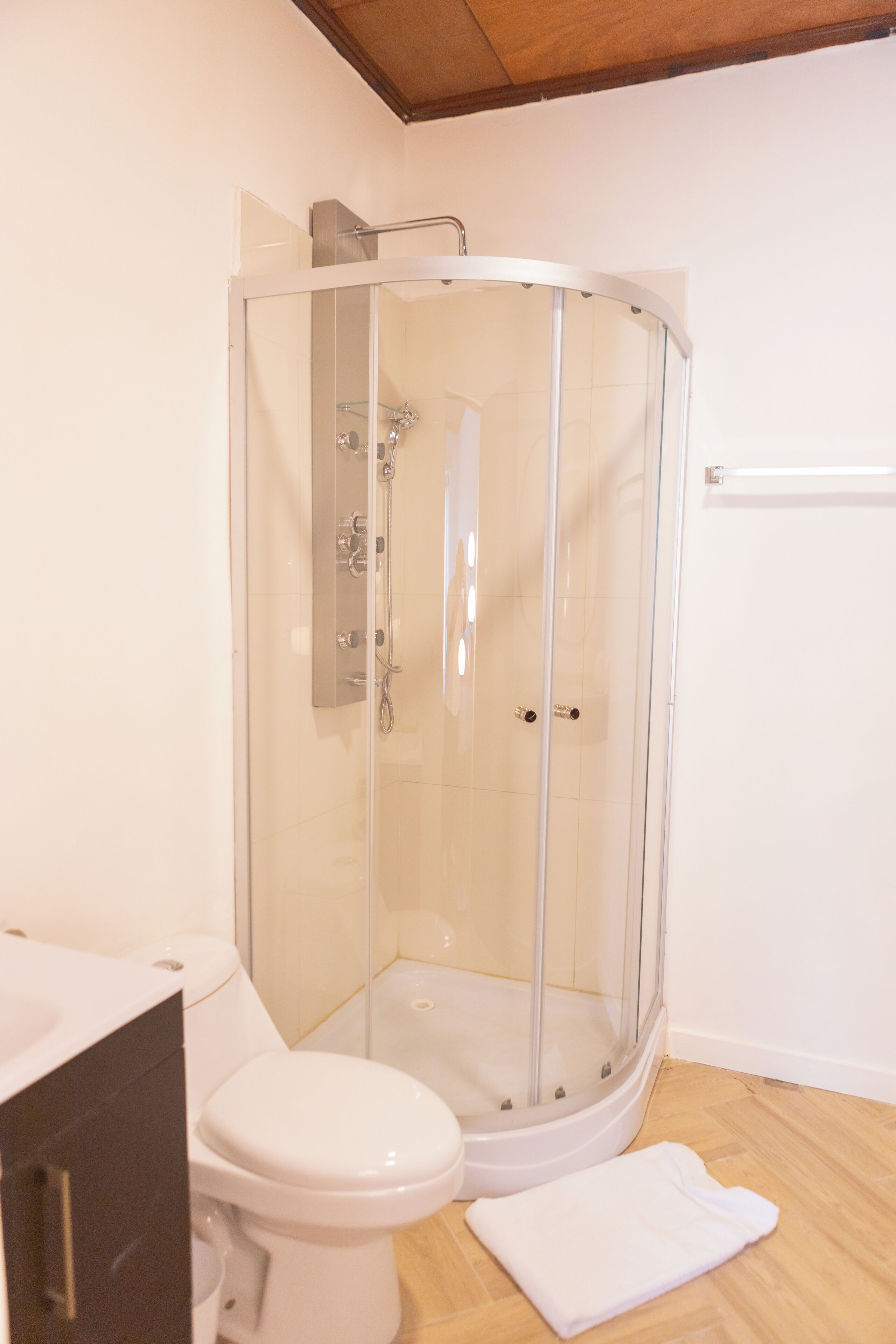 A bathroom with a glass-enclosed shower, a toilet, and a white towel on the floor.