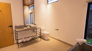 A modern bathroom with a wooden door, a sink with a marble countertop, a toilet, and a large mirror.