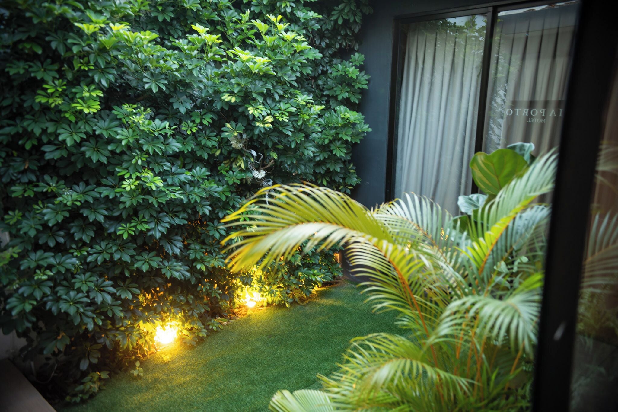 A lush garden with dense foliage and a well-maintained lawn, enclosed by a building with a large window.
