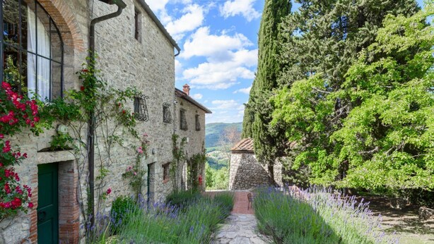 Un edificio de piedra con una puerta verde, un camino de piedra y follaje circundante.