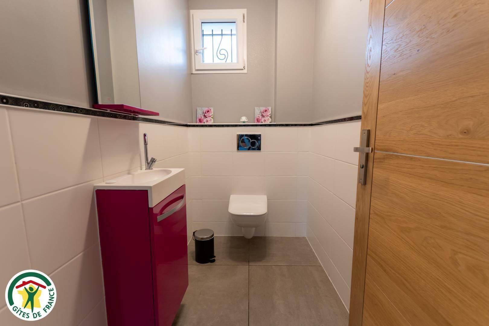 A small, compact bathroom with a white sink, a pink cabinet, a toilet, and a small trash bin.