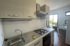 Una cocina con un lavamanos de acero inoxidable, una estufa a gas y armarios de color claro.