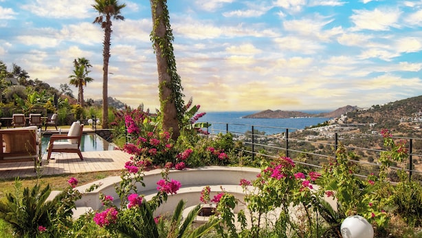 Un espace piscine offrant une vue sur la mer, entouré d’une végétation luxuriante et de fleurs.