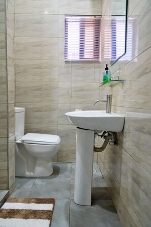 Shower, towels, soap, toilet paper - Elegant 1- Bed Urban Retreat (Greater Accra Region)