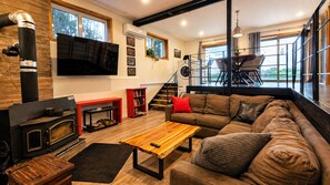 TV connectée, cheminée, livres, chaîne hi-fi