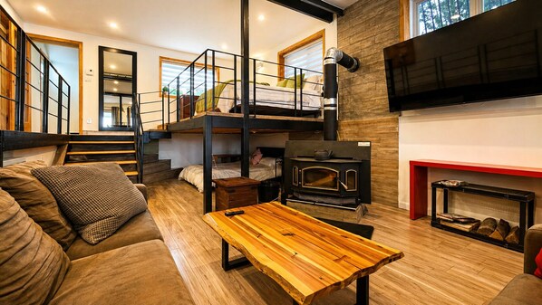 Smart TV, chimenea, libros y estéreo