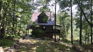 Une cabane dotée d’un toit en pente, entourée d’une forêt dense.