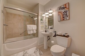 Hair dryer, towels, soap, shampoo