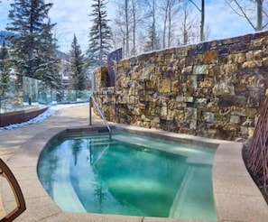 A stone-walled outdoor pool with a metal ladder, surrounded by trees and a clear sky. - Guest Room - 2 Queens (Vail)