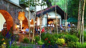 An outdoor dining area with a stone archway, bamboo trees, and a restaurant with patrons. - 2 Bedroom (Vail)