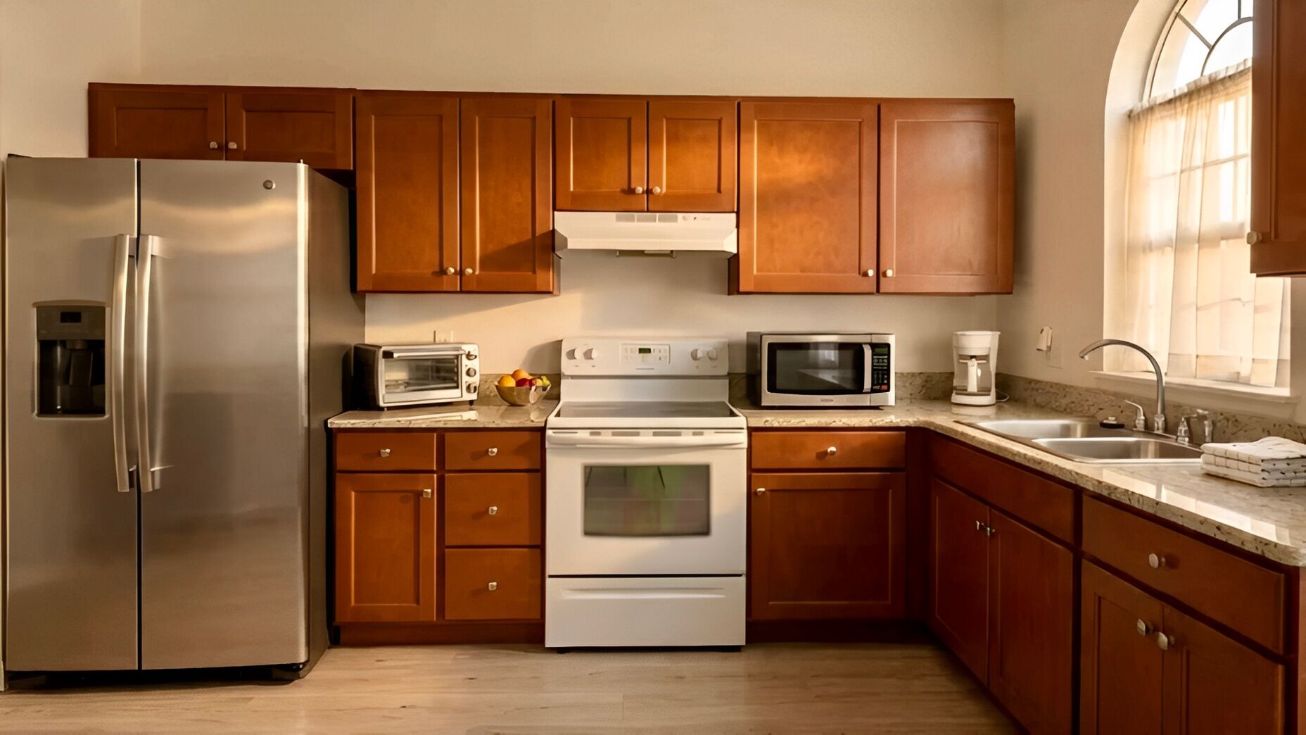 Coffee/tea maker, fridge, microwave, oven