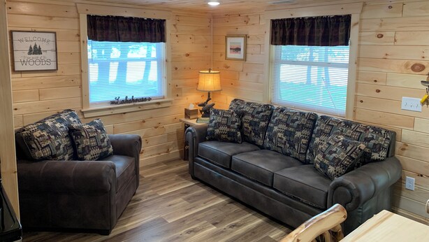 A cozy cabin interior with a wooden ceiling, two sofas with patterned cushions, a small table, and a lamp. - MAPLE COTTAGE - Lakefront on Thayer Lake in Alden with WiFi, AC (Alden)