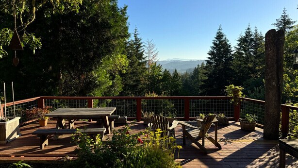 Um deck de madeira com mesas e cadeiras de piquenique, rodeado por vasos de plantas e árvores, com vista para uma paisagem montanhosa.